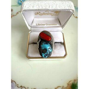 Vintage 60s Mens Native American Sterling Turquoise 37.5 grams Ring Size 10.5